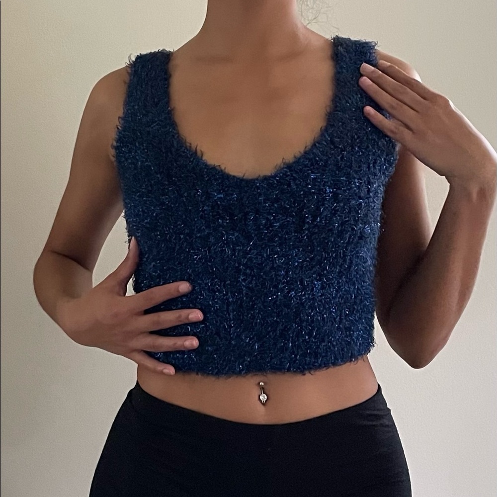 Blue Sparkle Fluffy Crop Top